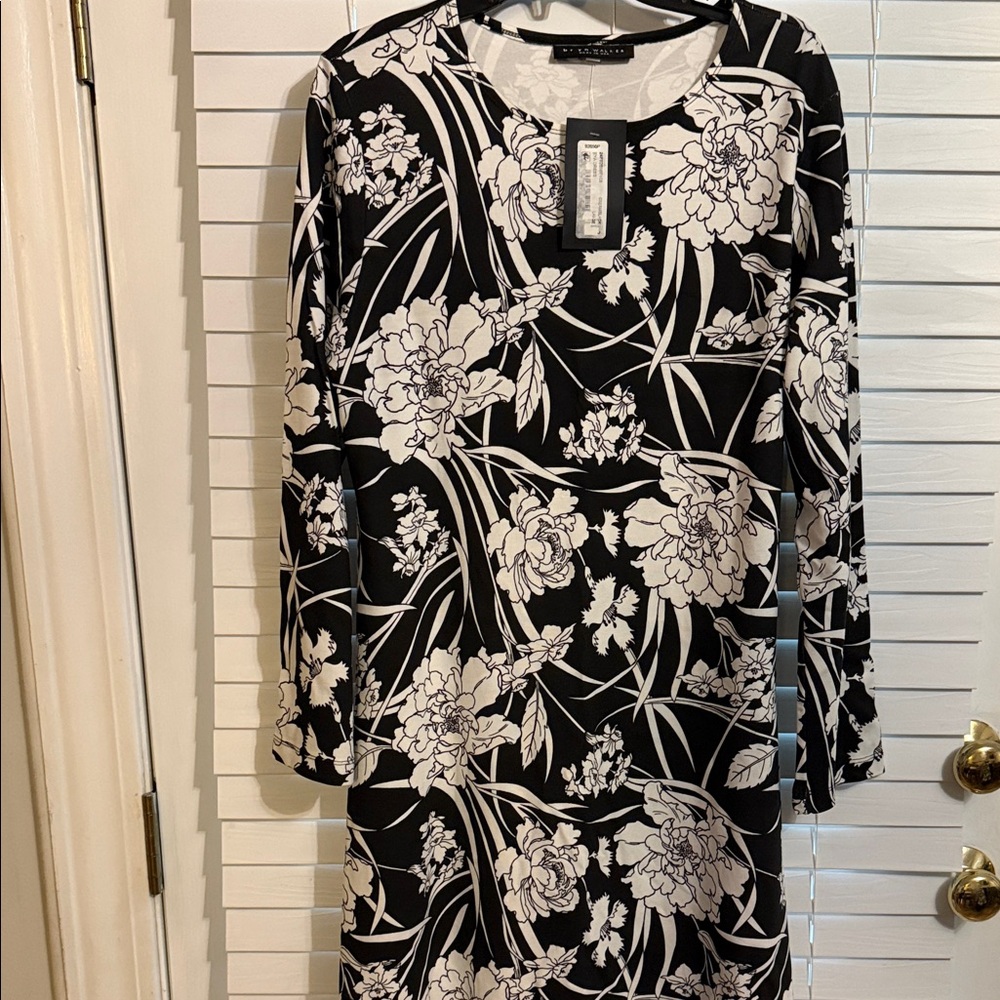 bryn Walker Black and White Floral Long Sleeve Dress